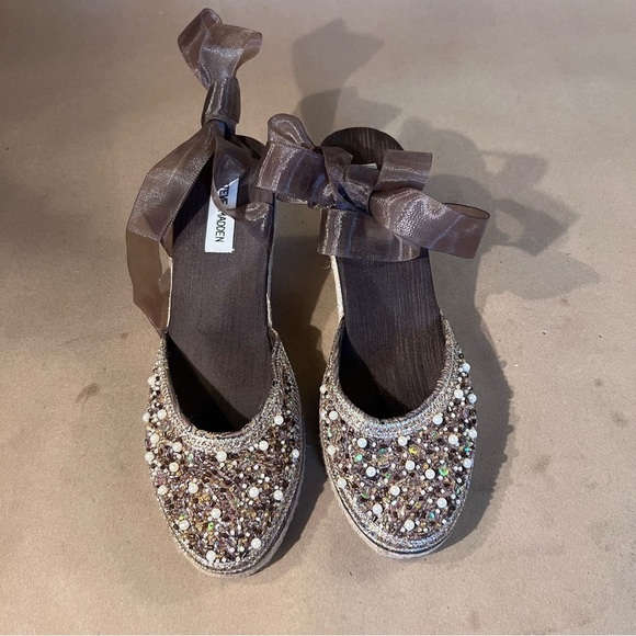 Steve Madden Bommbay Brown Beaded Espadrilles Wedge Ankle Tie Women’s US 9B - Picture 1 of 9